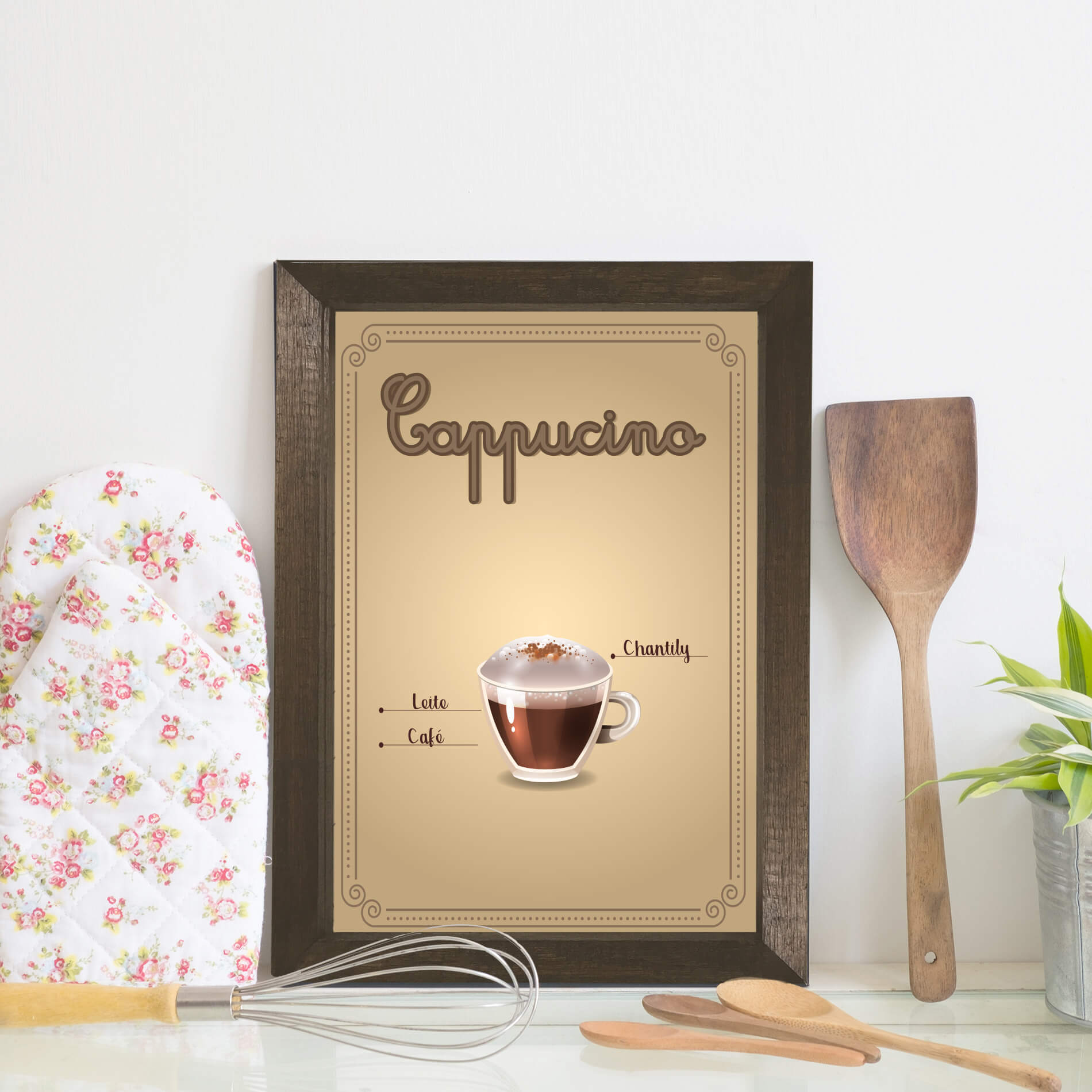 Quadro Cozinha Café Cappuccino 22x32 Moldura Marrom