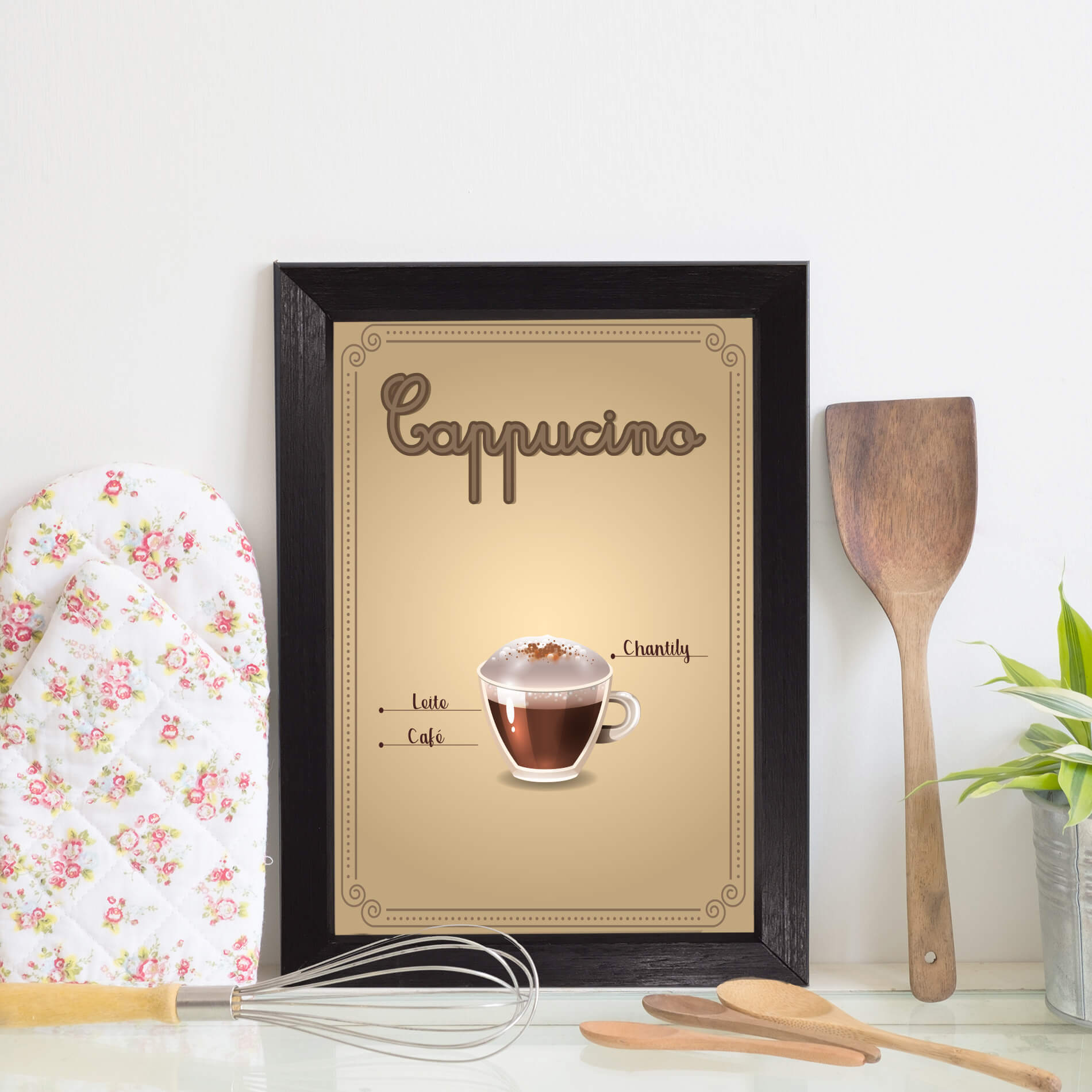 Quadro Cozinha Café Cappuccino 22x32 Moldura Preta