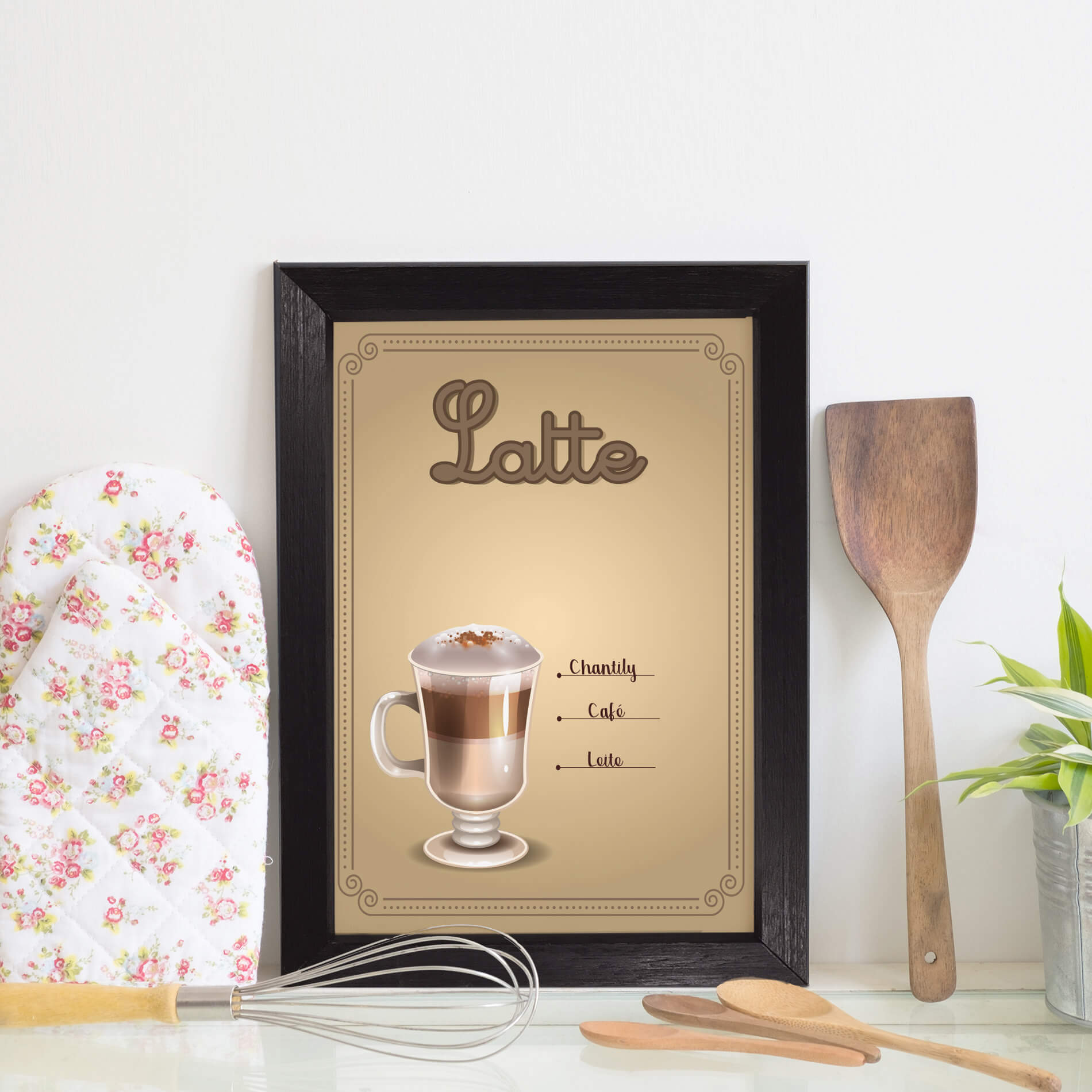 Quadro Decorativo Cozinha Café Latte 22x32cm Moldura Preta