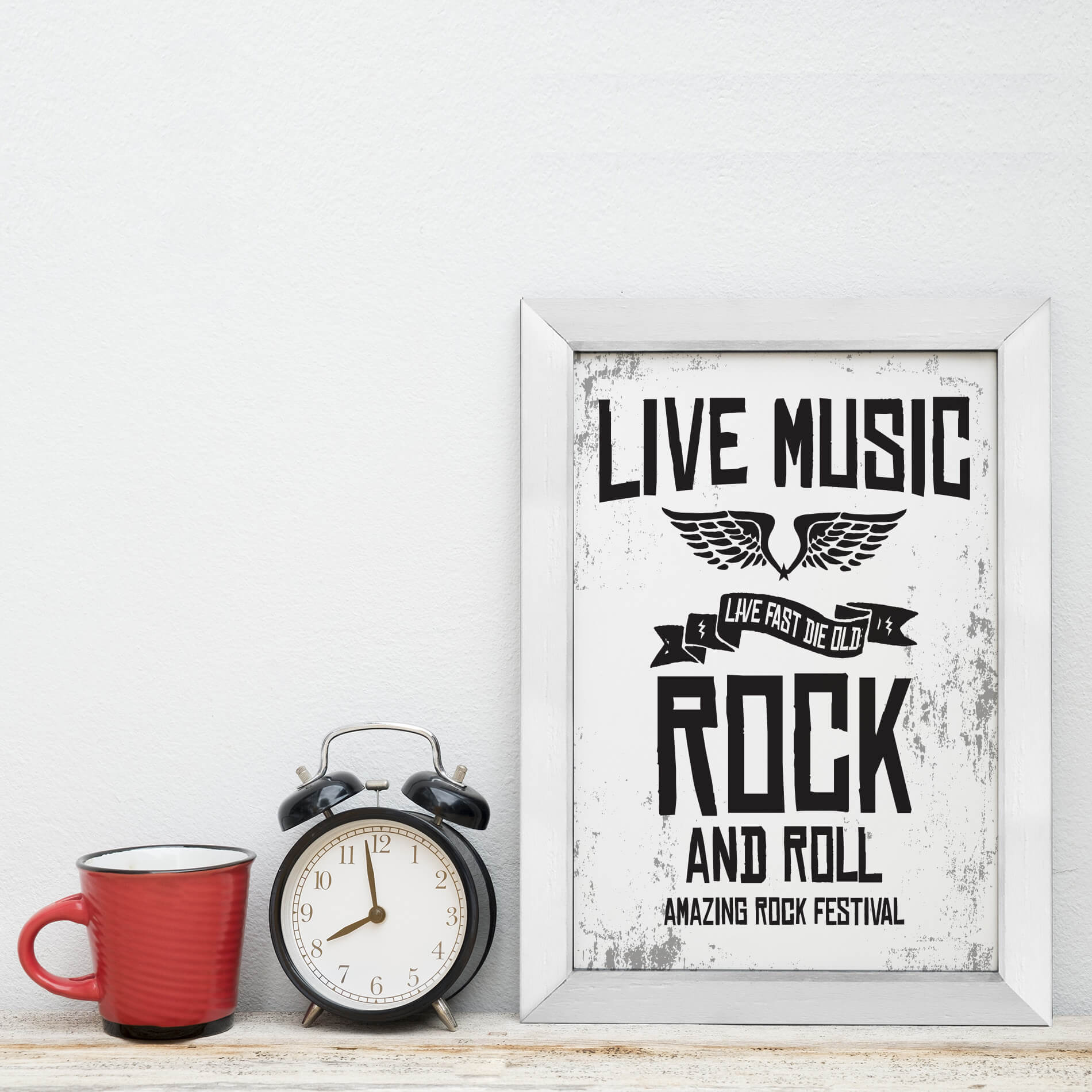 Quadro Musica Rock Live Music 22x32 Moldura Branca