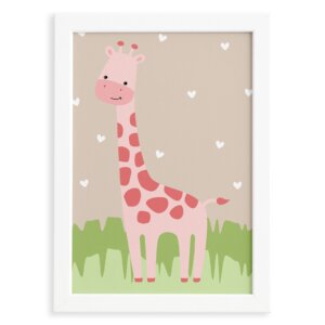 Quadro Safari Menina Girafa Moldura Branca