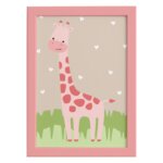Quadro Safari Menina Girafa Moldura Rosa 22x32cm