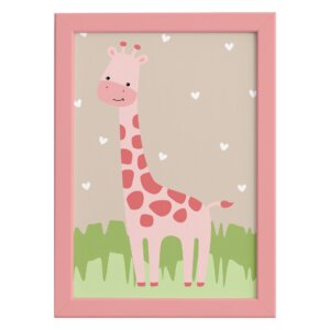 Quadro Safari Menina Girafa Moldura Rosa