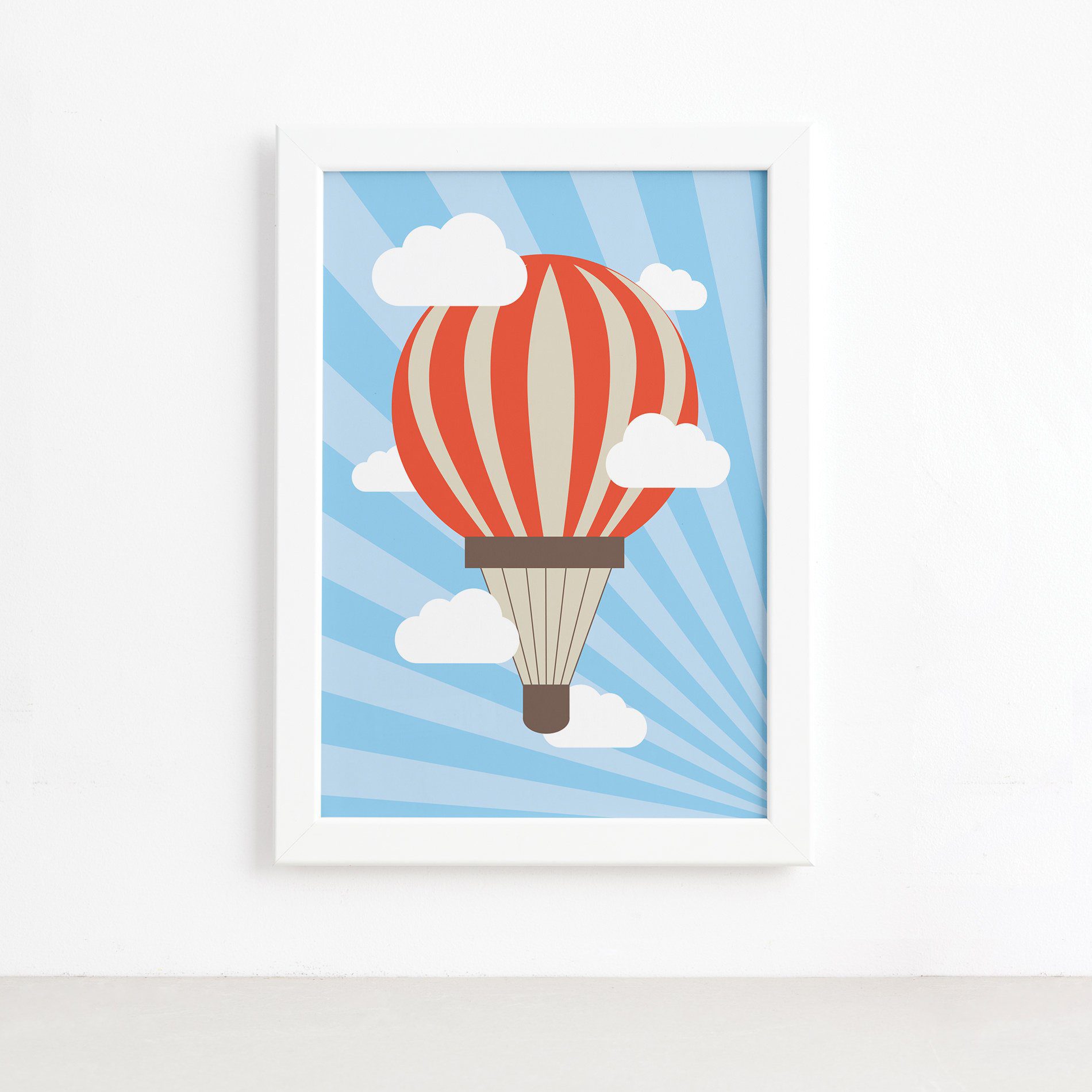 Quadro Infantil para Quarto de Bebê Balão e Nuvens 22x32cm Moldura Branca