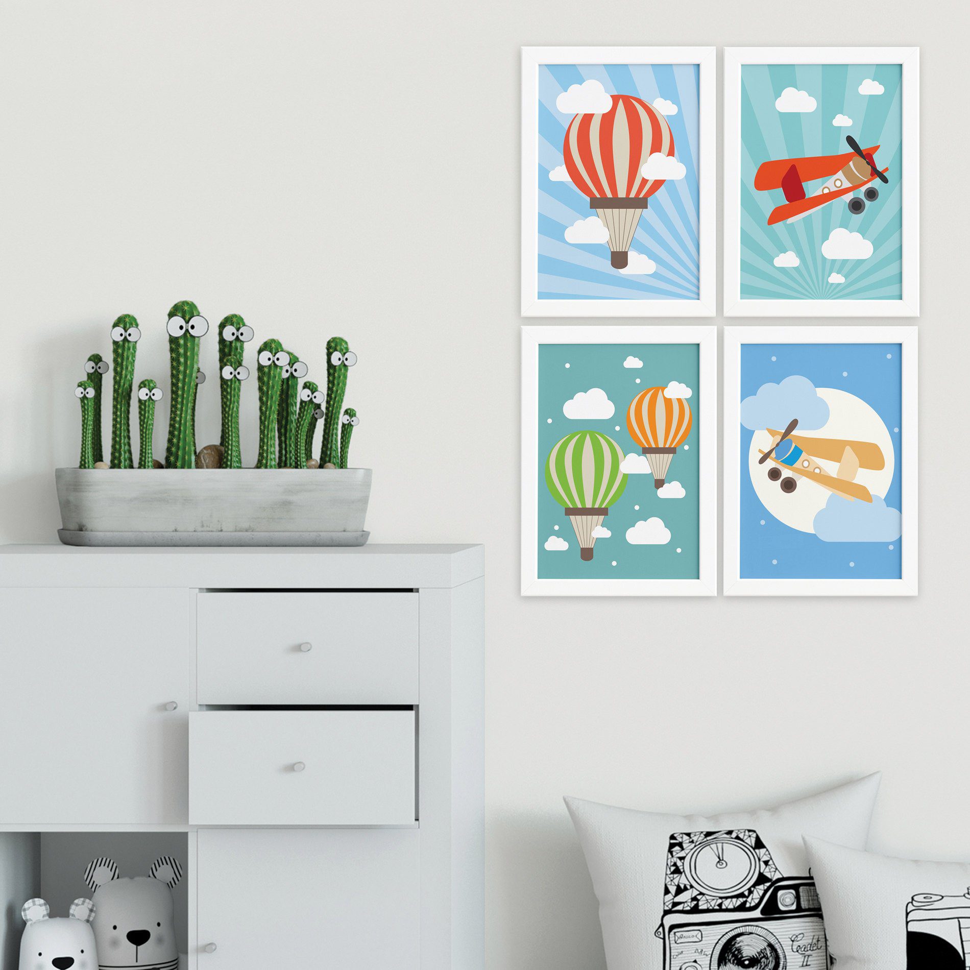 Quadros para Quarto de Bebê Balões e Aviões Kit 4un