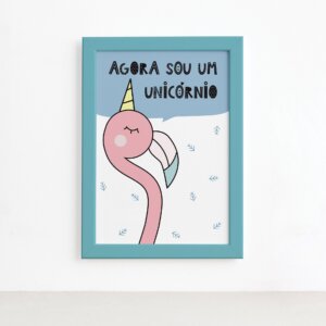 Quadro Quarto Bebê Flamingo Unicórnio Mold Azul 22x32cm