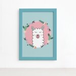 Quadro Quarto Bebê Animais Amigos Lhama Mold Azul 22x32cm