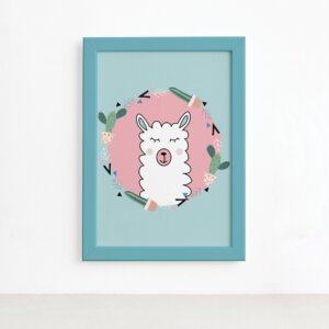 Quadro Quarto Bebê Animais Amigos Lhama Mold Azul 22x32cm