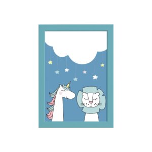 Quadro Quarto Bebê Unicórnio e Leão Mold Azul 22x32cm