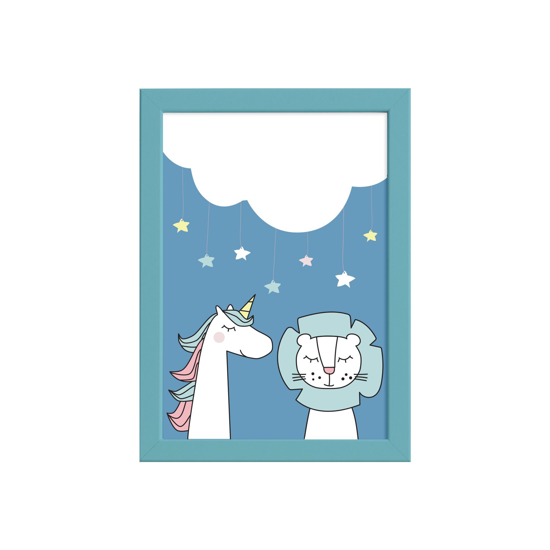 Quadro Quarto Bebê Unicórnio e Leão Mold Azul 22x32cm