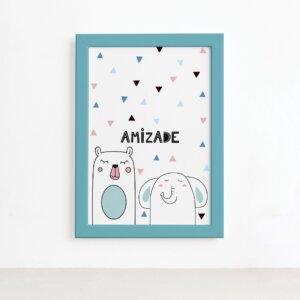 Quadro Quarto Bebê Animais Amigos Urso Mold Azul 22x32cm