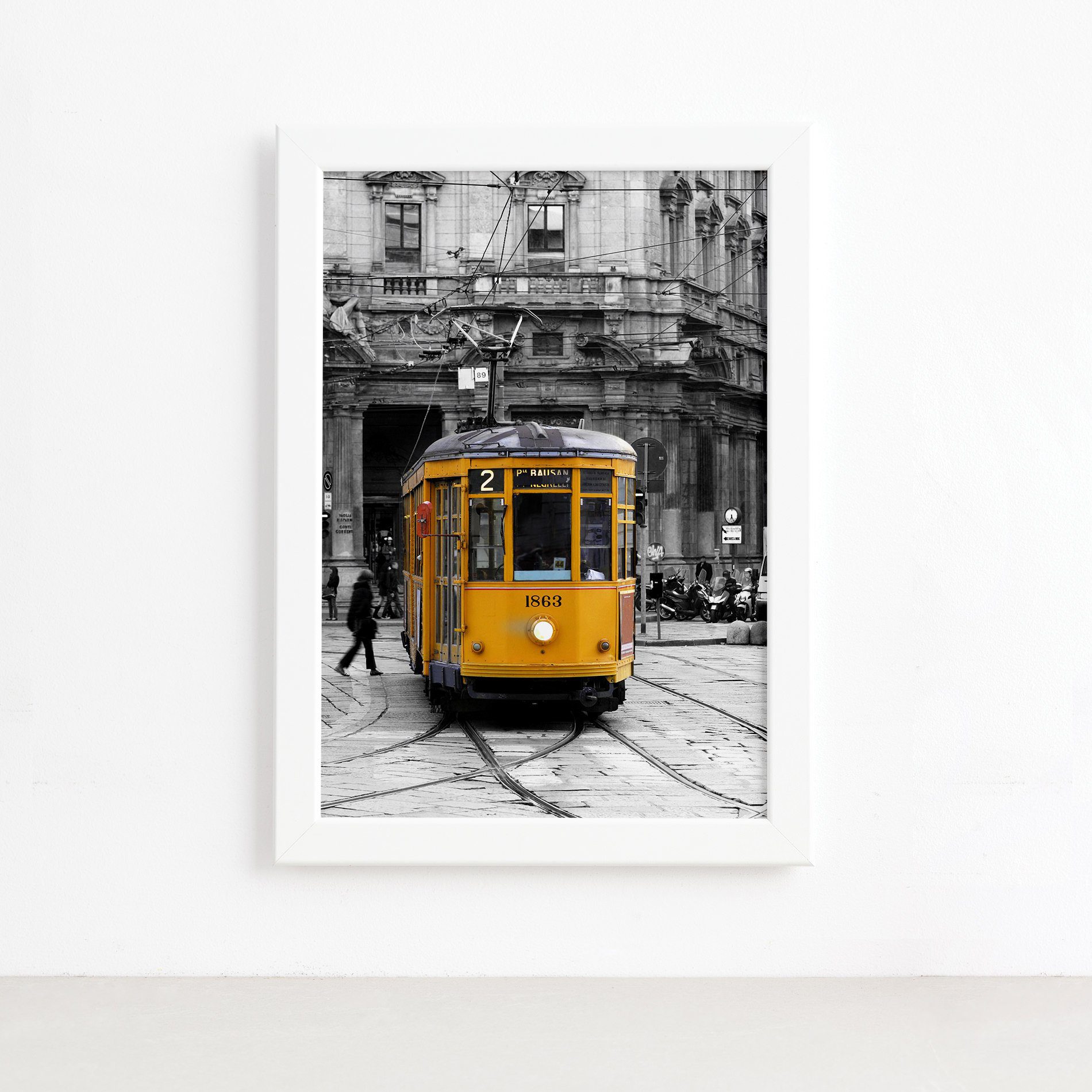 Quadro Itália Bonde Amarelo Moldura Branca