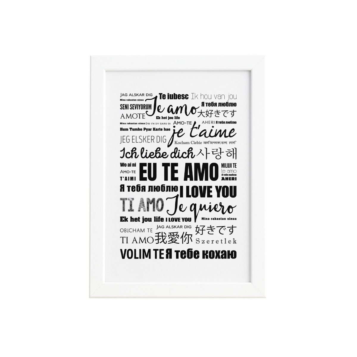 Quadro Decorativo Eu Te Amo Idiomas Mold Branca 33x43cm