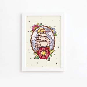 Quadro Vintage Marinha Caravela Moldura Branca