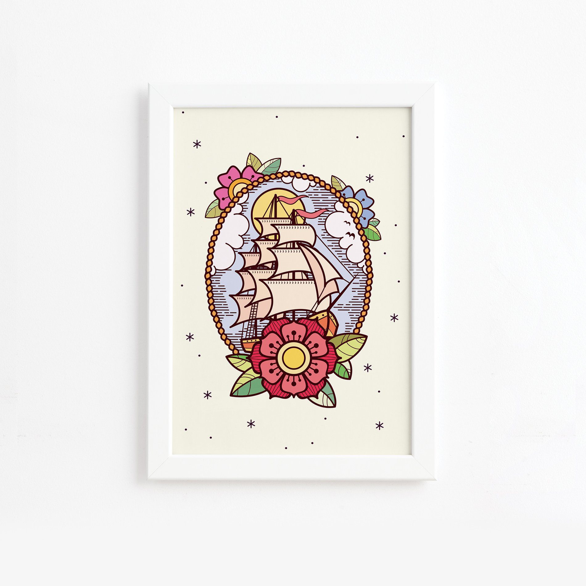 Quadro Vintage Marinha Caravela Moldura Branca