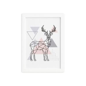 Quadro Minimalista Alce Cinza e Rosa Moldura Branca 33x43cm