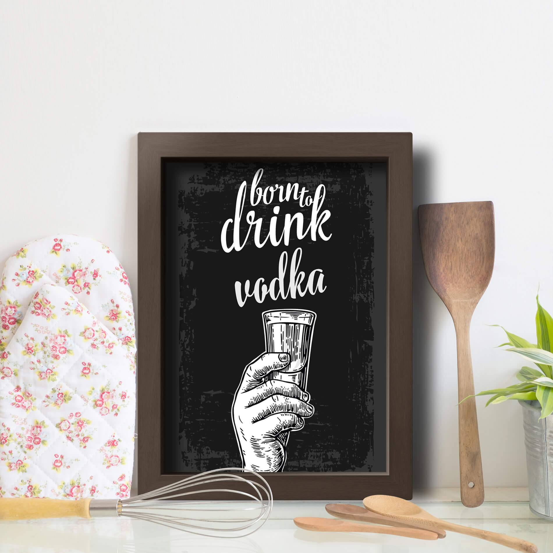 Quadro Cozinha e Bar Frase Vodka 22x32cm Moldura Marrom