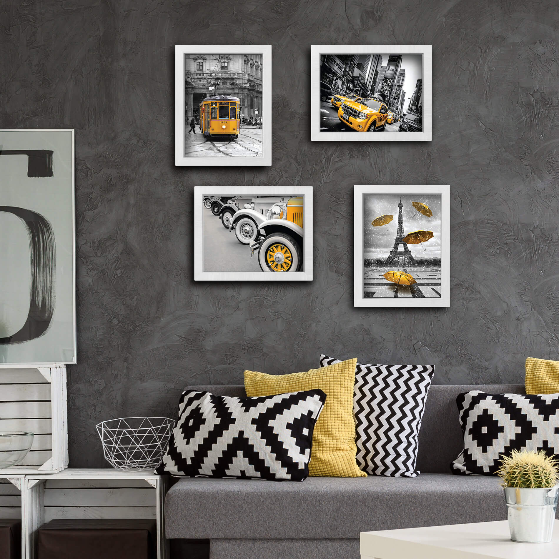Quadros Paris New York Cidades Amarelo 4un