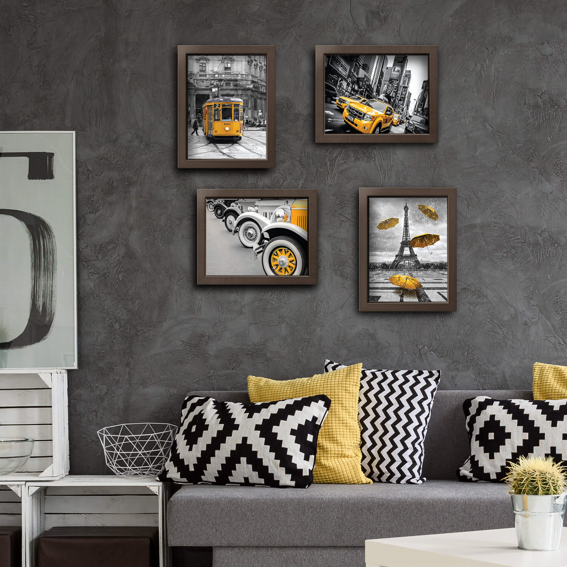 Quadros Paris New York Cidades Amarelo 4un