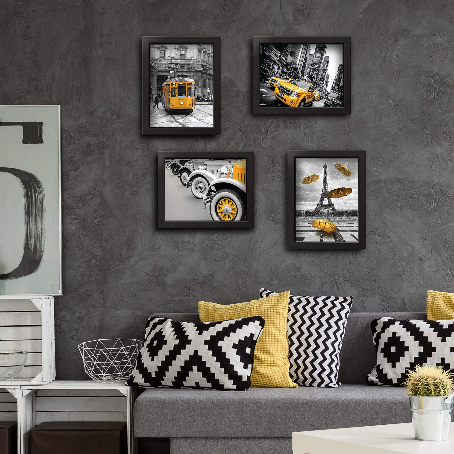 Quadros Paris New York Cidades Amarelo 4un