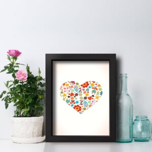 Quadro Decorativo Coração Flores Moldura Preta 22x32cm