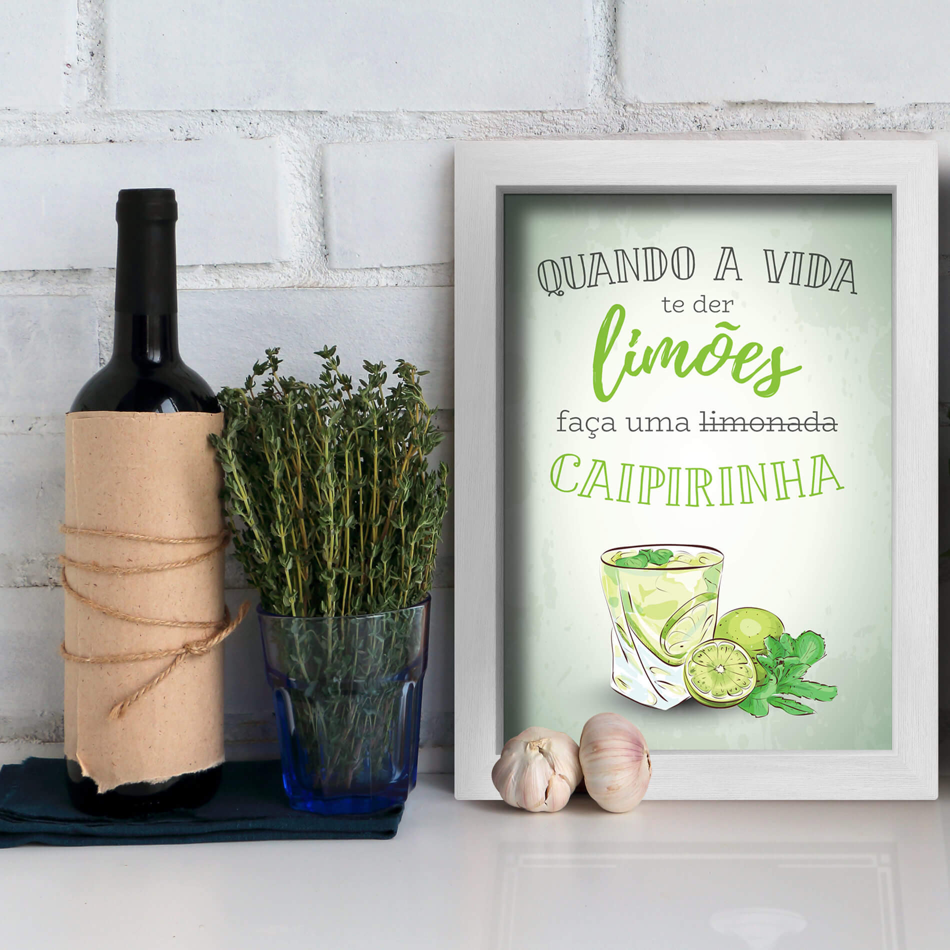 Quadro Cozinha e Bar Frase Caipirinha 22x32cm Moldura Branca