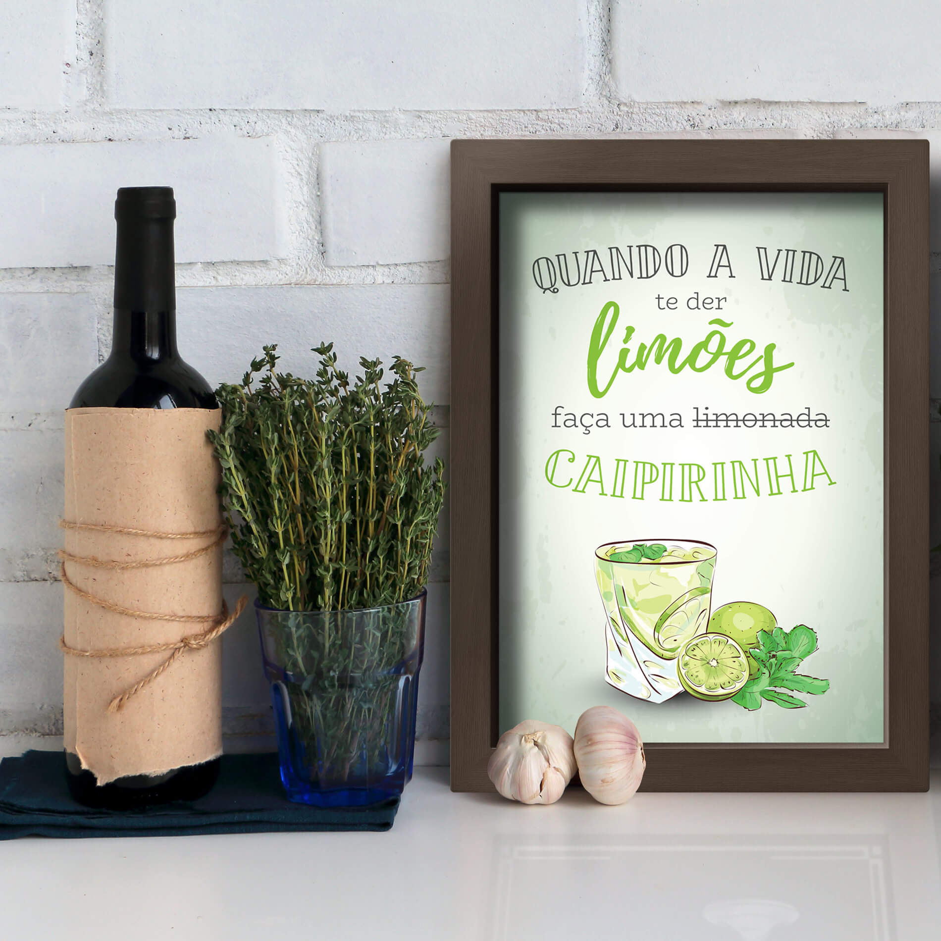 Quadro Cozinha e Bar Frase Caipirinha 22x32cm Moldura Marrom