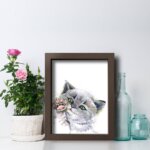 Quadro Quarto Sala Gato Aquarela 22x32cm Moldura Marrom