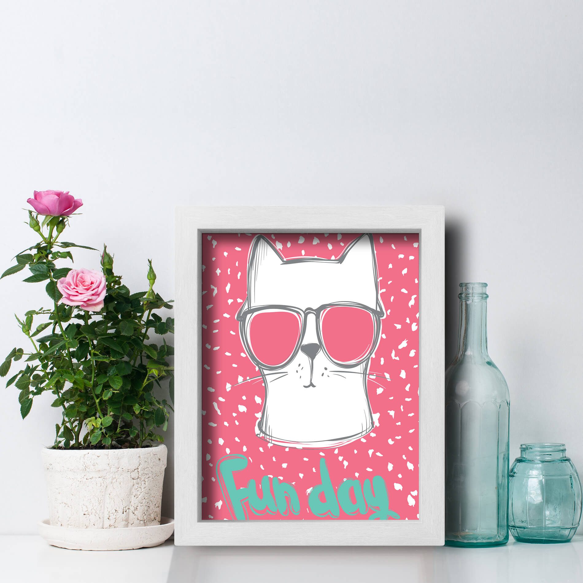 Quadro Quarto Gato fun cat com Moldura