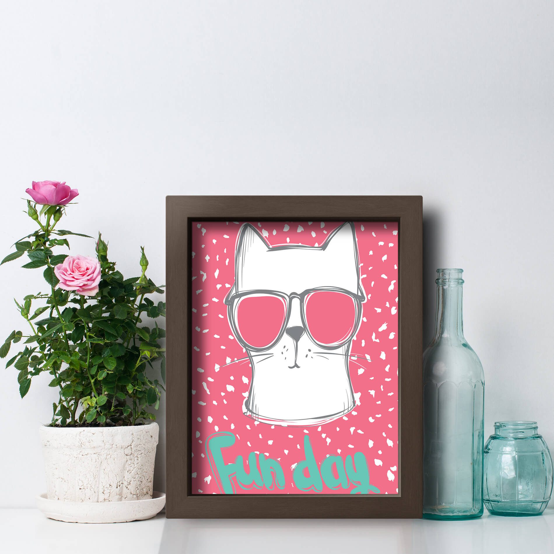 Quadro Quarto Gato fun cat com Moldura