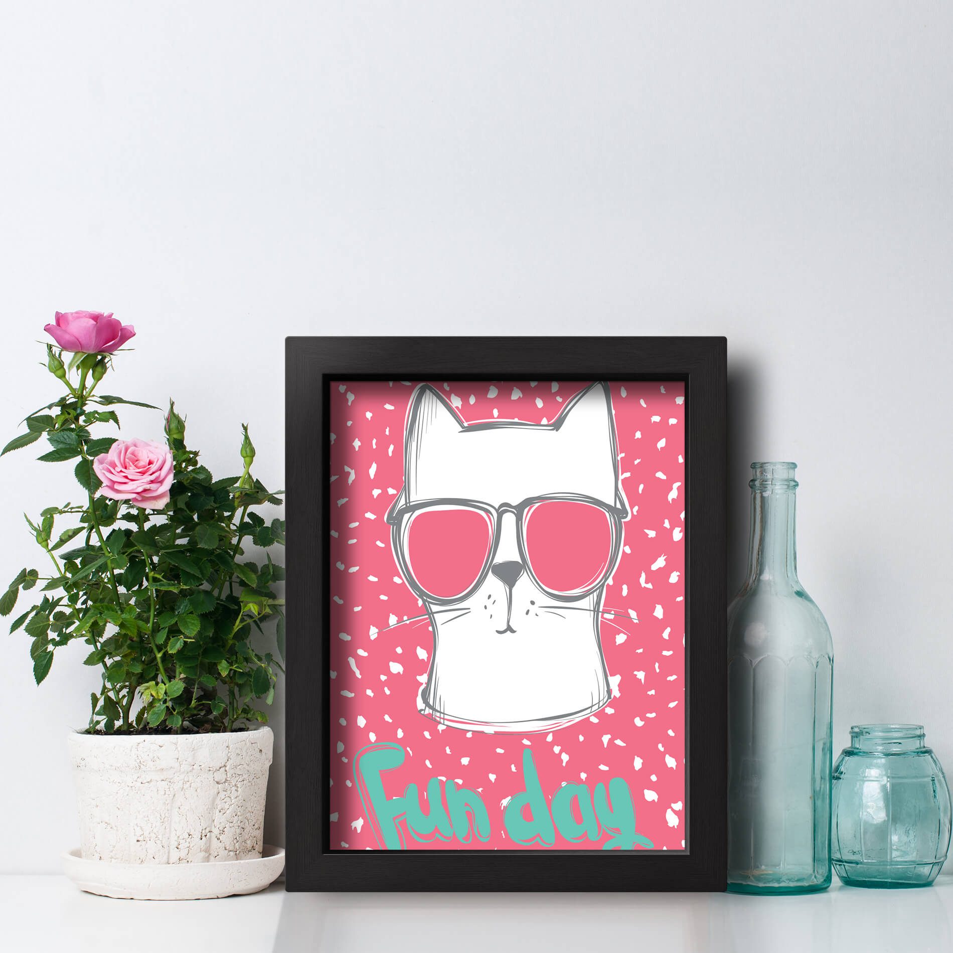 Quadro Quarto Gato fun cat com Moldura
