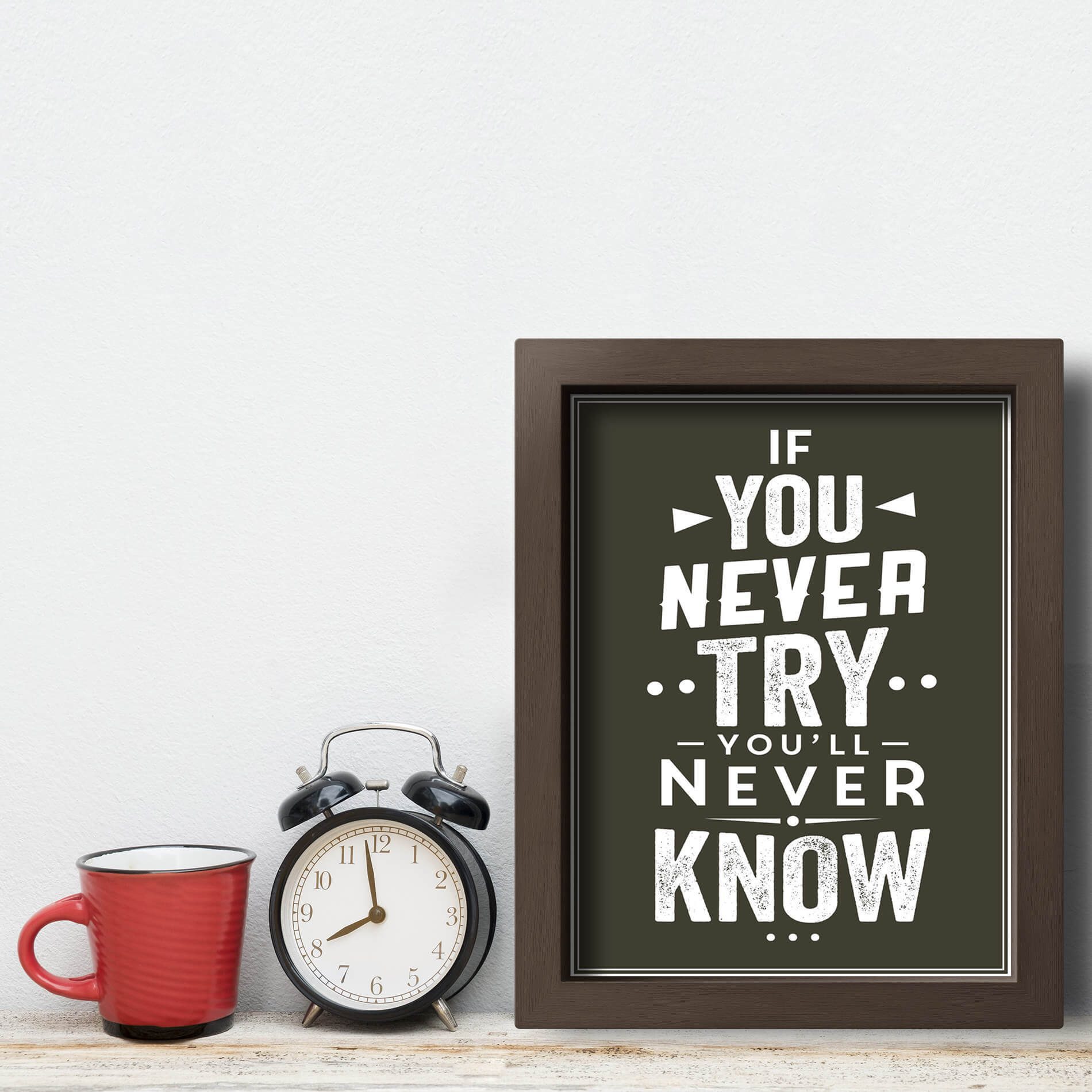 Quadro com Frase Motivação Never Know Moldura Marrom