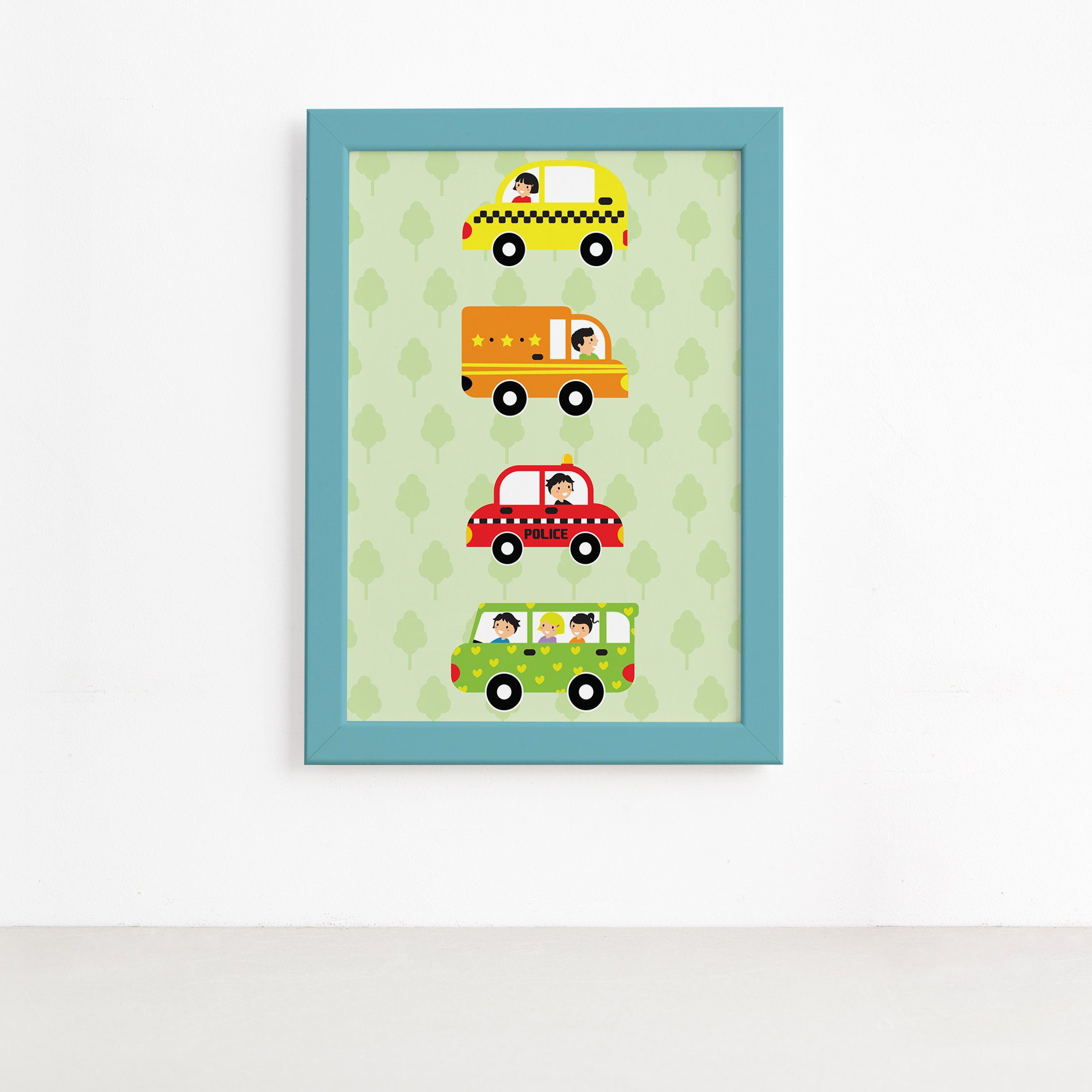 Quadros Carros na Cidade 22x32cm Moldura Azul 4un