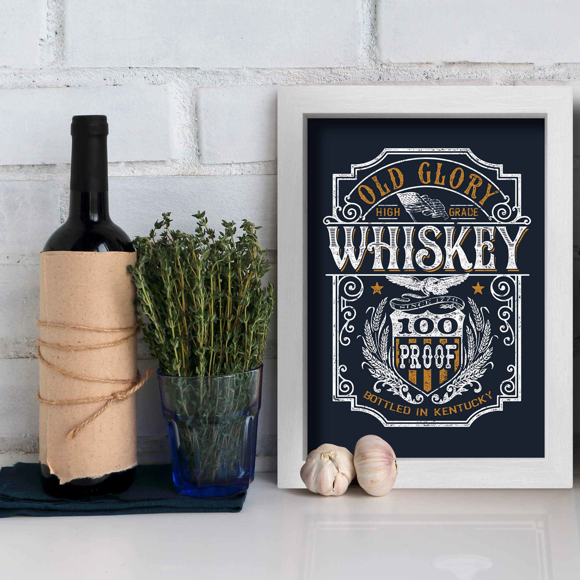 Quadro Cozinha Vintage Old Glory Whisky 22x32 Moldura Branca
