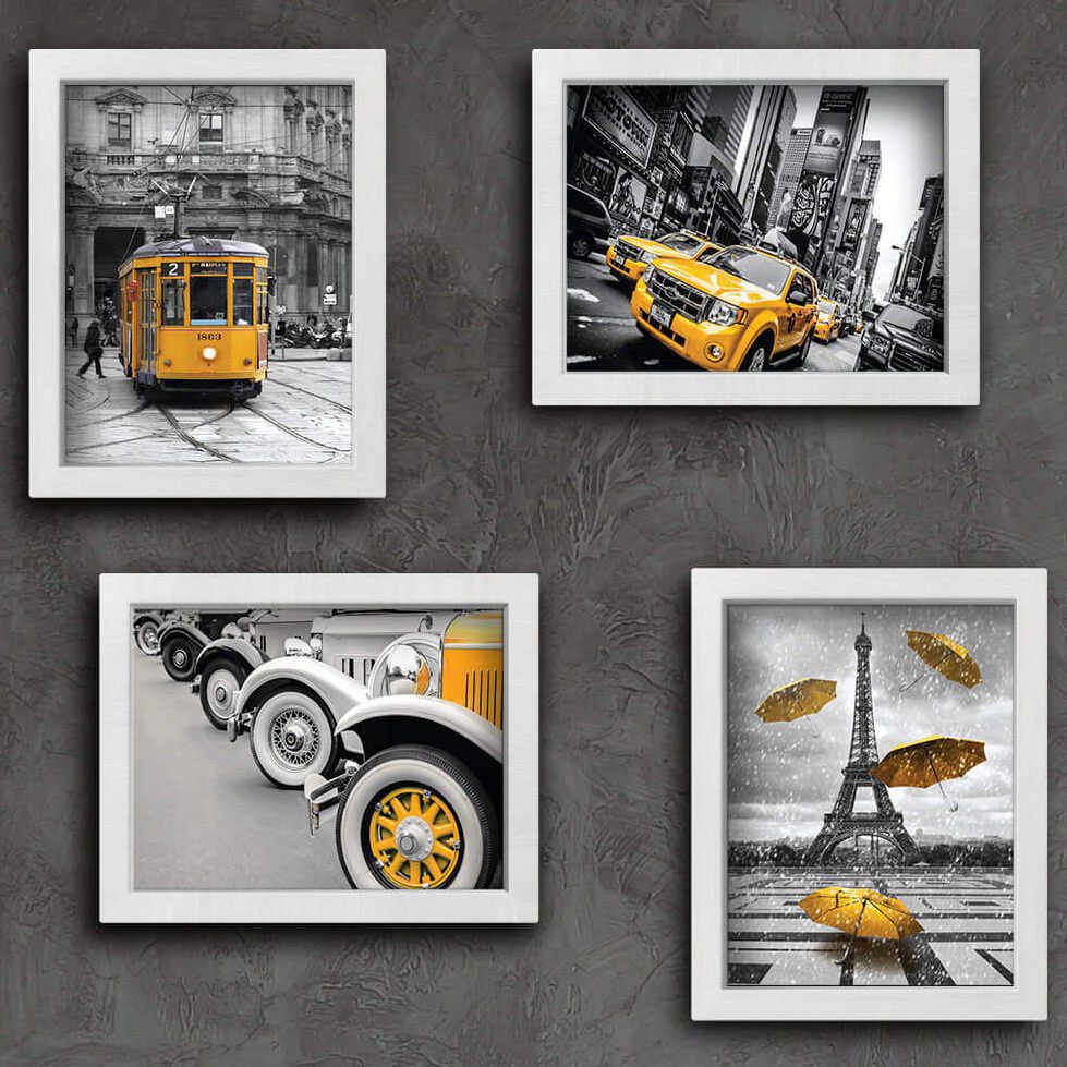 Quadros Paris New York Cidades Amarelo 4un