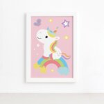 Quadro Infantil Unicornio e Borboleta 22x32 Moldura Branca