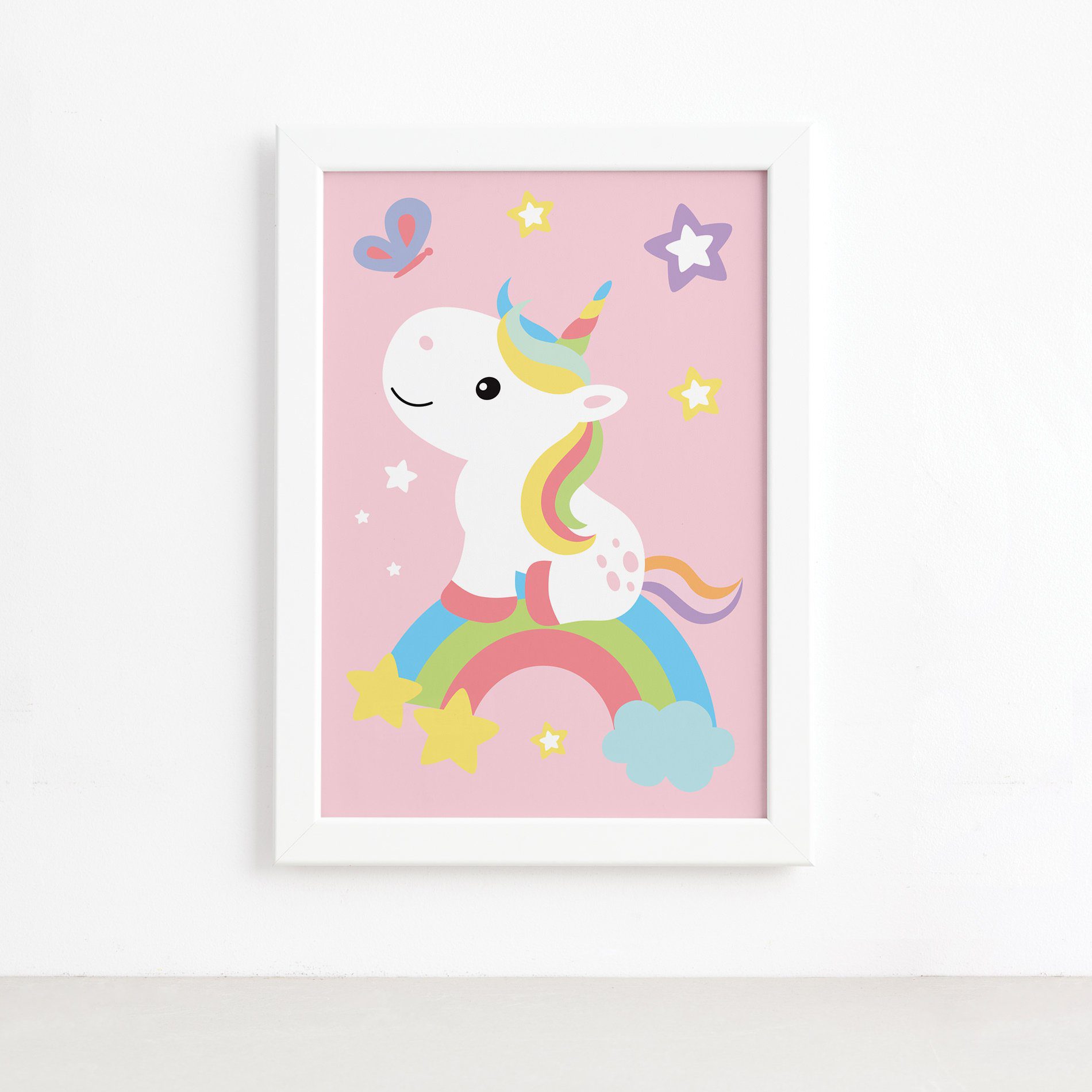 Quadro Infantil Unicórnio e Borboleta 22x32 Moldura Branca