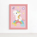 Quadro Infantil Unicornio e Borboleta 22x32 Moldura Rosa