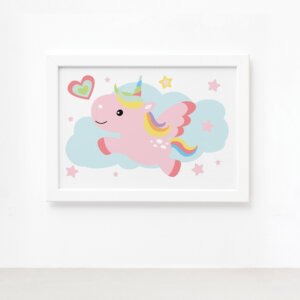 Quadro Infantil Unicórnio Nuvem 22x32 Moldura Branca