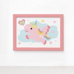 Quadro Infantil Unicornio Nuvem 22x32 Moldura Rosa