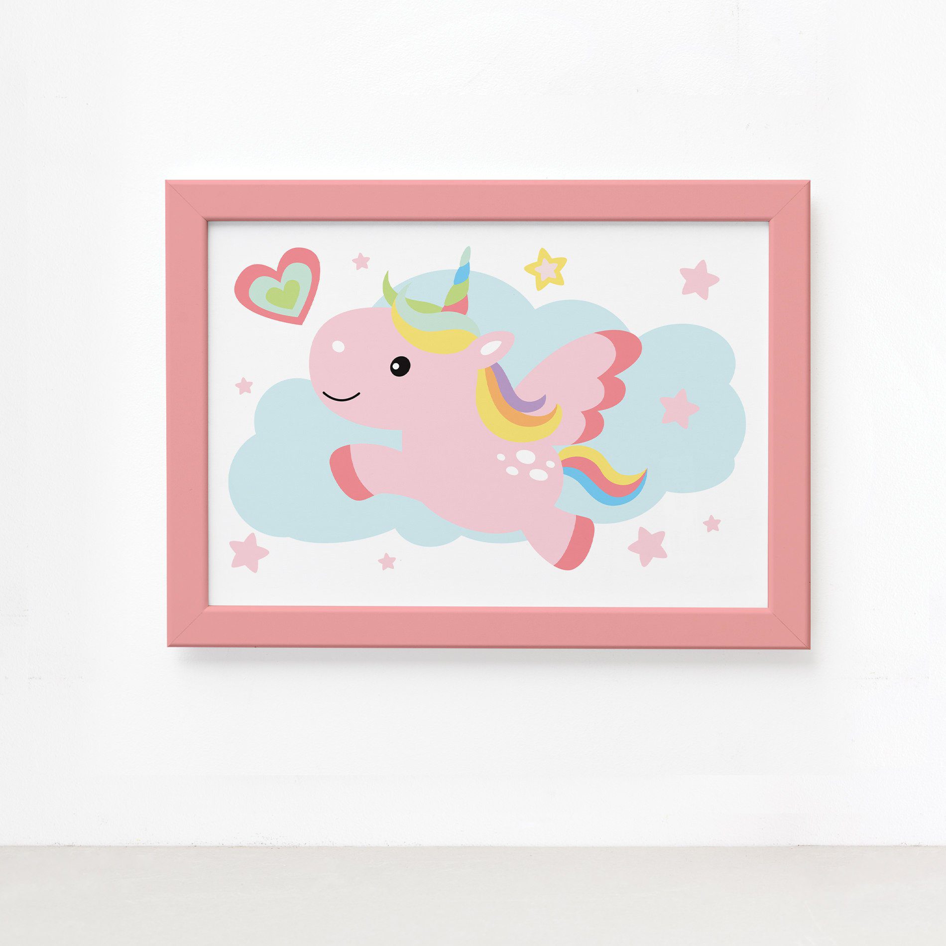 Quadro Infantil Unicórnio Nuvem 22x32 Moldura Rosa