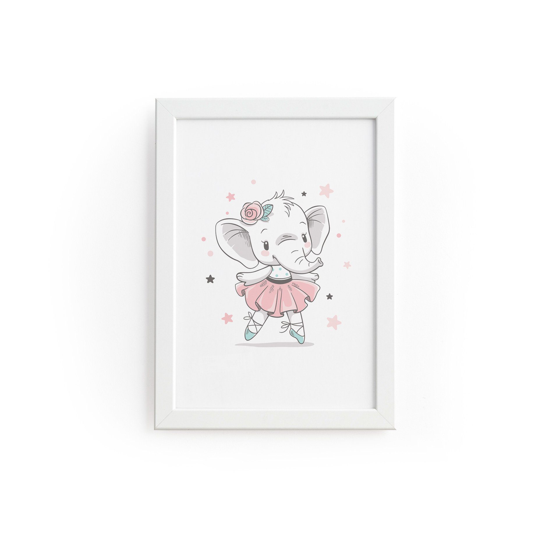 Quadro Elefante Bailarina e Estrelas Moldura Branca 22x32cm 
