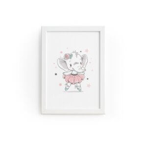Quadro Elefante Bailarina e Estrelas Moldura Branca 33x43cm