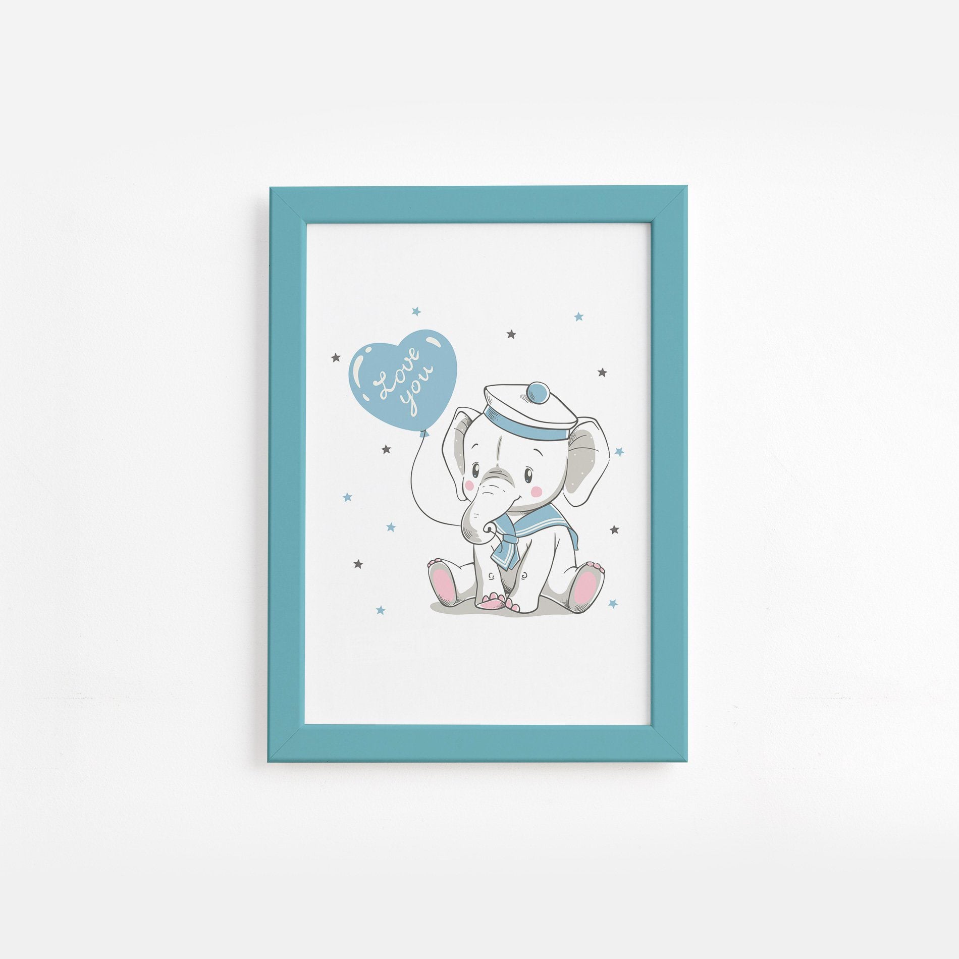 Quadro Elefante e Balão Azul Moldura Azul