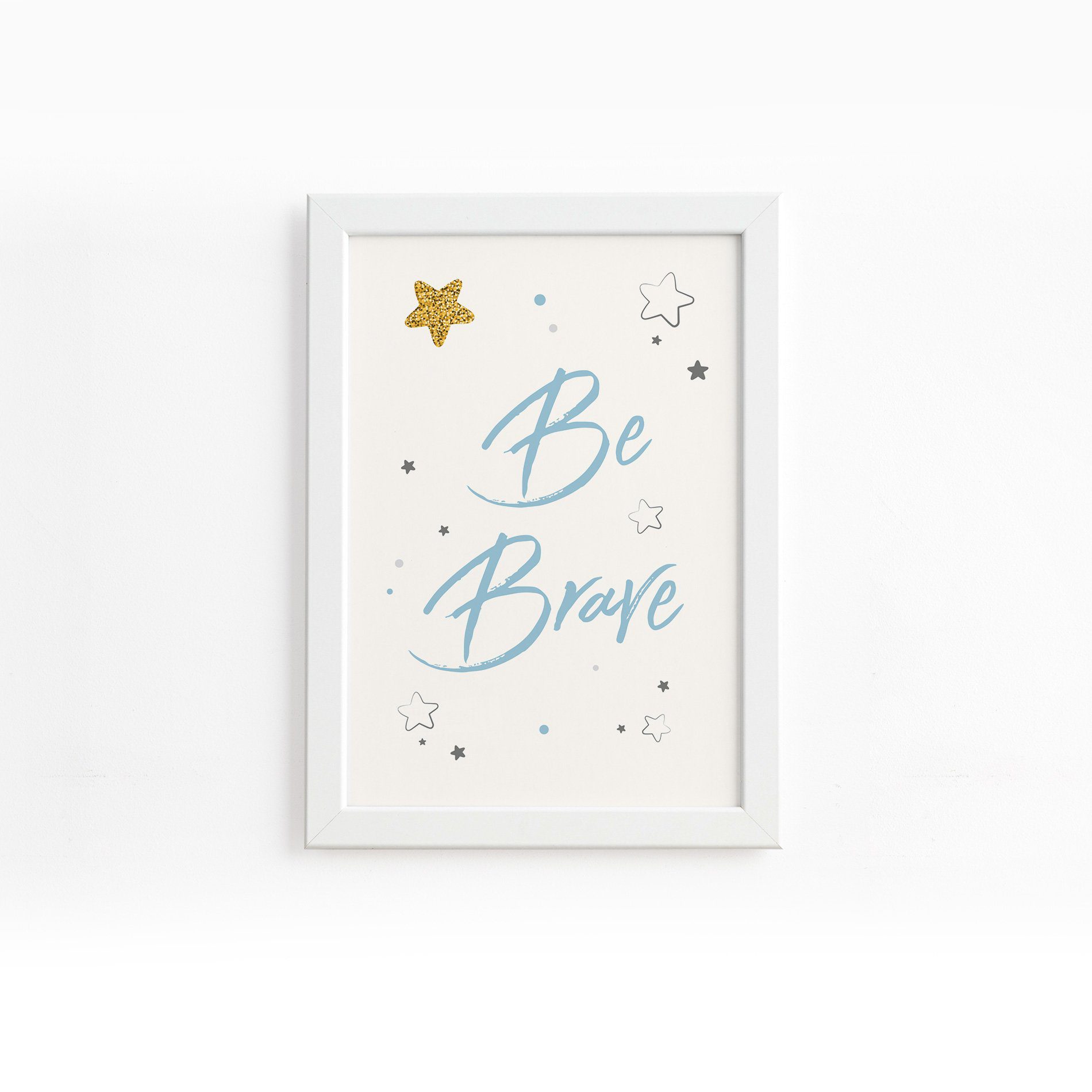 Quadro Frase Be Brave Azul e Estrela Moldura Branca 33x43cm