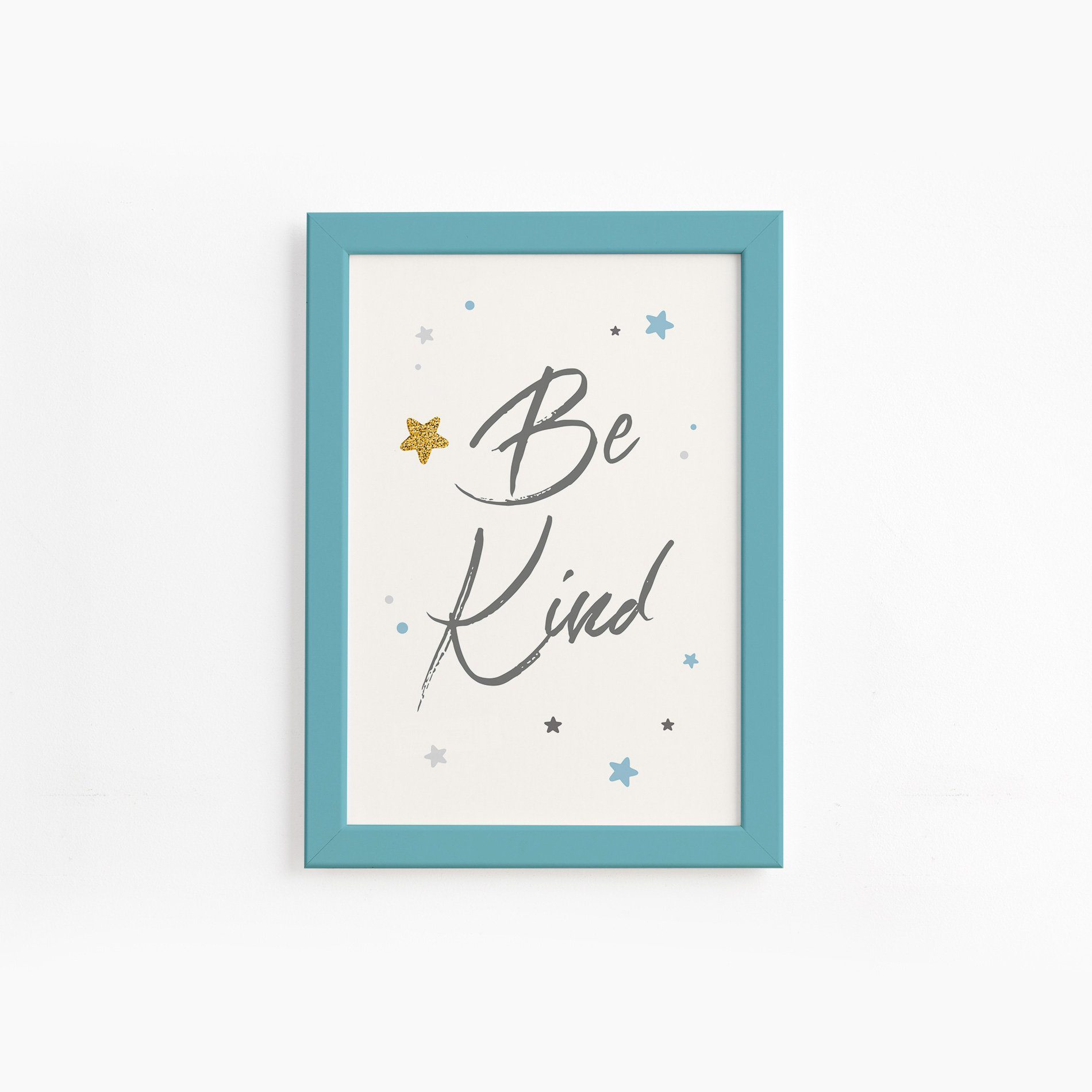 Quadro Frase Be Kind Azul e Estrela Moldura Azul 