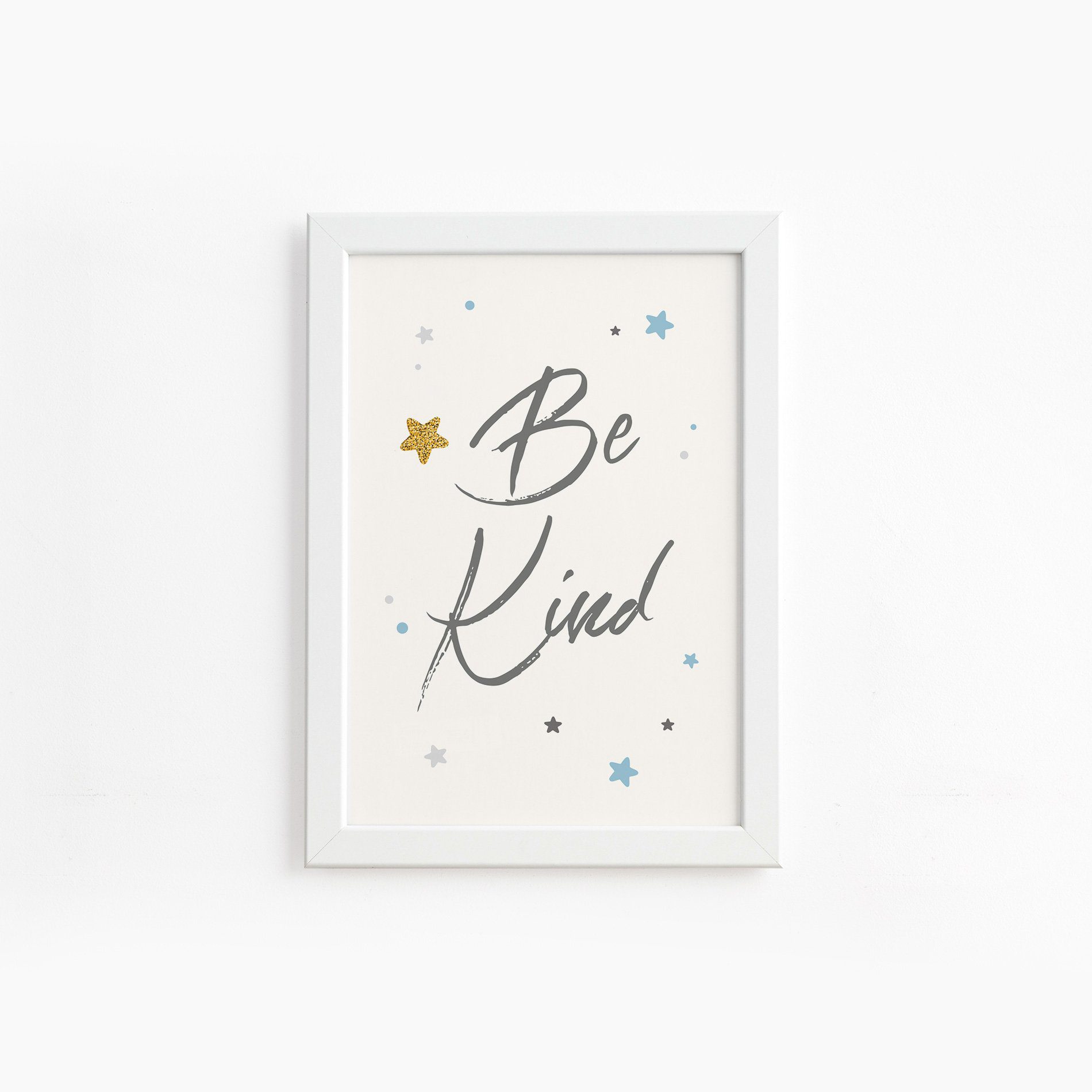 Quadro Frase Be Kind Azul e Estrela Moldura Branca 33x43cm