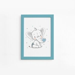 Quadro Elefante e Coração Azul Moldura Azul
