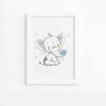 Quadro Elefante e Coração Azul Moldura Branca 22x32cm