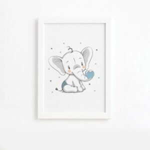 Quadro Elefante e Coração Azul Moldura Branca 22x32cm